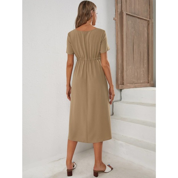 Maternity Drawstring Waist short sleeve midi Dress tan - Picture 2 of 11
